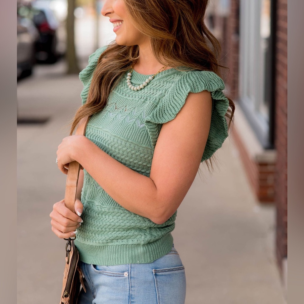 Staccato Teal/Seafoam Green Knit Flutter Top